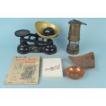 A set of Salter scales with weights, a Welsh mining lamp,