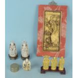 A selection of Oriental wares including resin figurines, three metal figures,