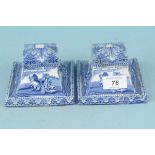 A pair of Cauldon blue and white transfer decorated disk inkwells (one lid as found)