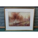 A framed watercolour of deer in an autumnal landscape entitled 'Nr Porlack',