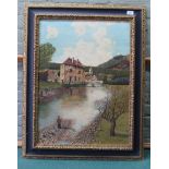 A framed oil on canvas of a French rural scene,