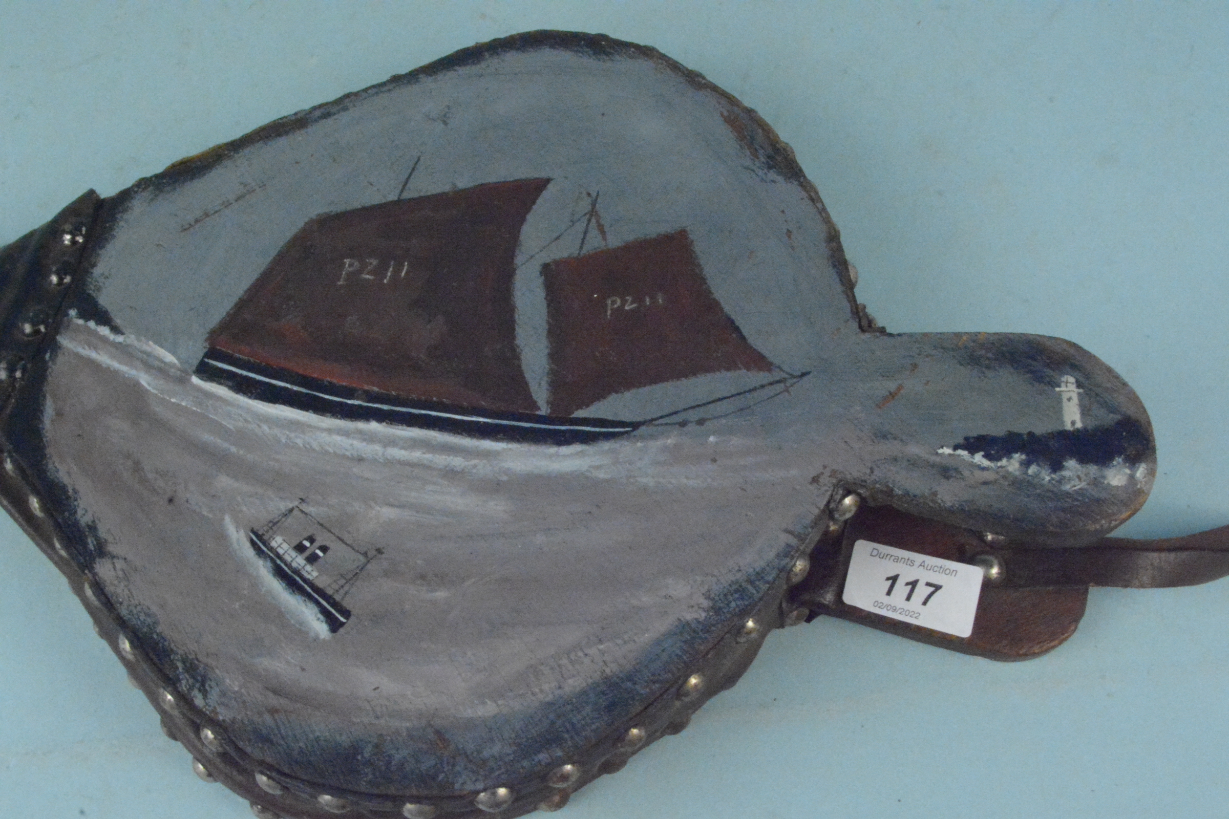 Bellows, 20th Century hand painted with naive style Cornish boats and lighthouse, - Image 3 of 3