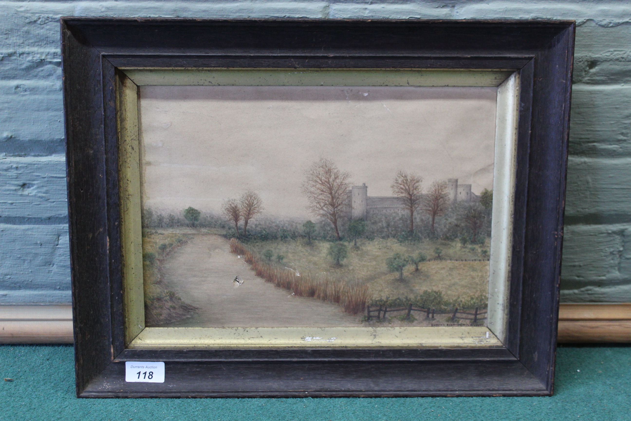 Esmonde Egerton Mine, watercolour on paper of a castle and grounds, signed bottom right 1951,