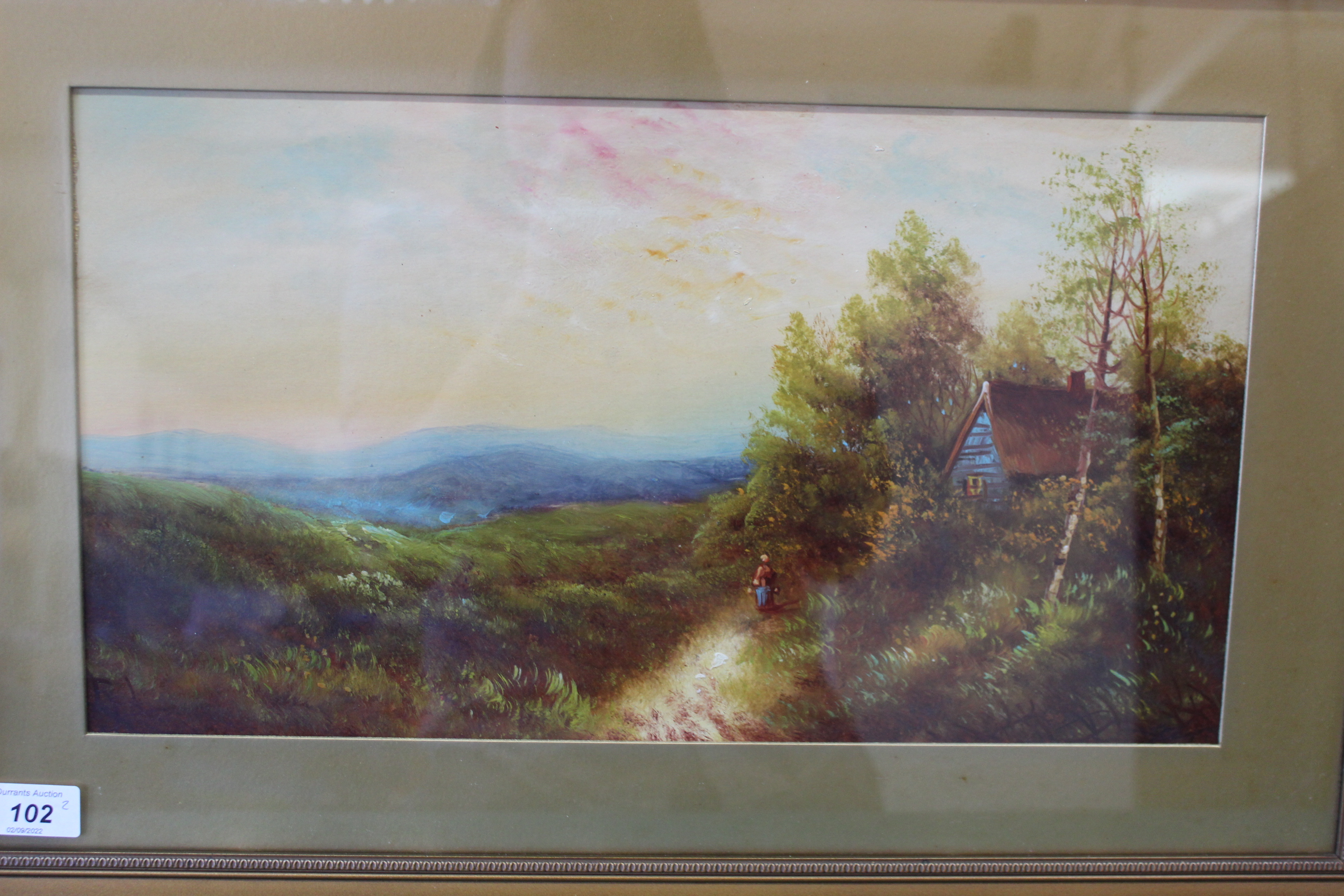 A pair of unsigned gilt framed watercolours of rural cottage scenes, - Image 3 of 3