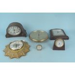 Assorted clocks to include an oak mantel clock, Smiths gilt wall clock,