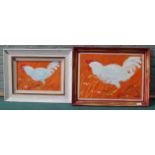 Two framed oil on board paintings of white cockerels on an orange background,