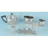 A Victorian silver lidded jar and one other, a silver plated tea set including teapot,