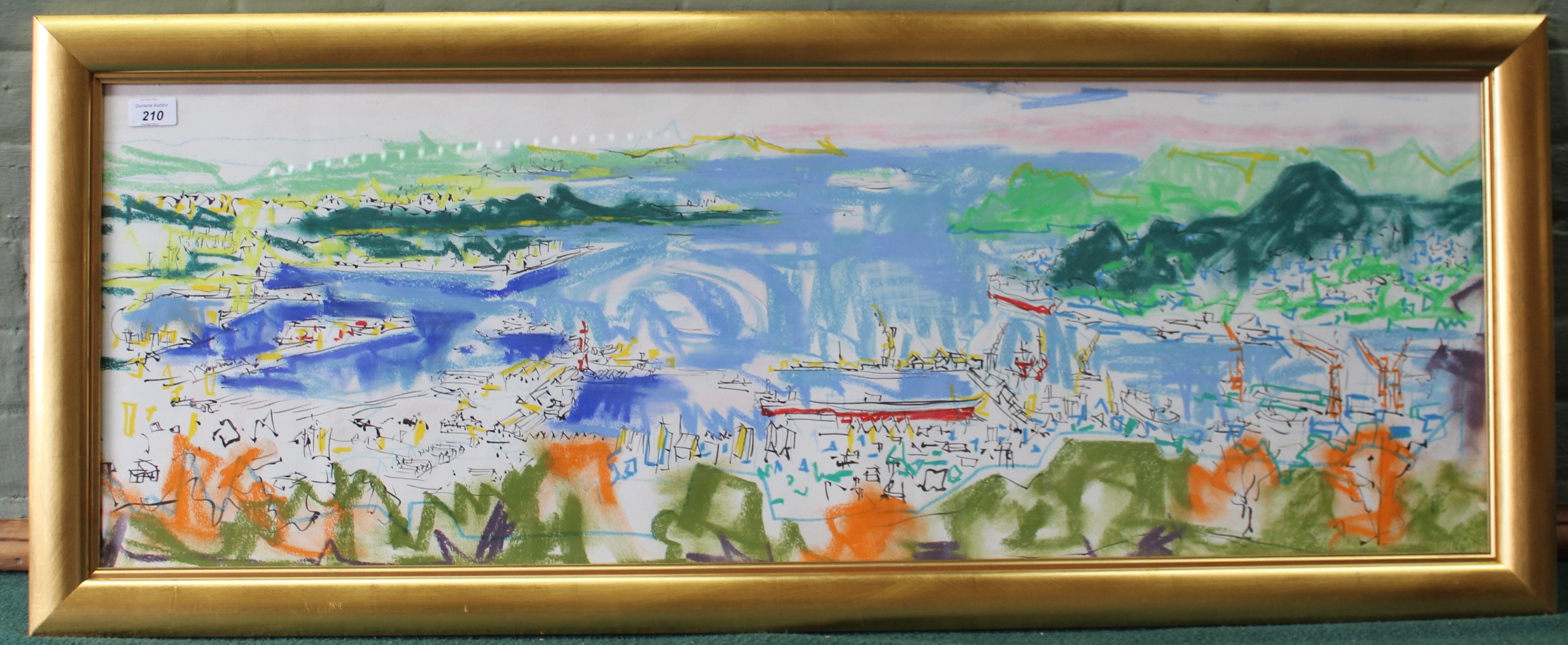 Lowestoft born artist David Smith 1920-1999, abstract pastels and ink view of Japanese harbour,