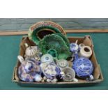 A box of mainly Victorian china including teapots, Majolica dish (as found),