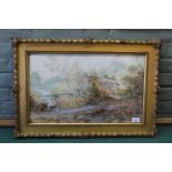 C W Valentine (American artist) 19th Century landscape watercolour, original elaborate gilt frame,