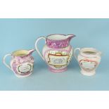 Three 19th Century Sunderland pink lustre jugs 'Sailor's Farewell' and Sunderland cast ironbridge