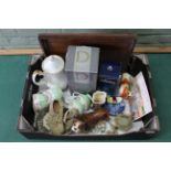A box of mixed items including Sylvac bulldog, Royal Albert coffee pot, Lladro cat,