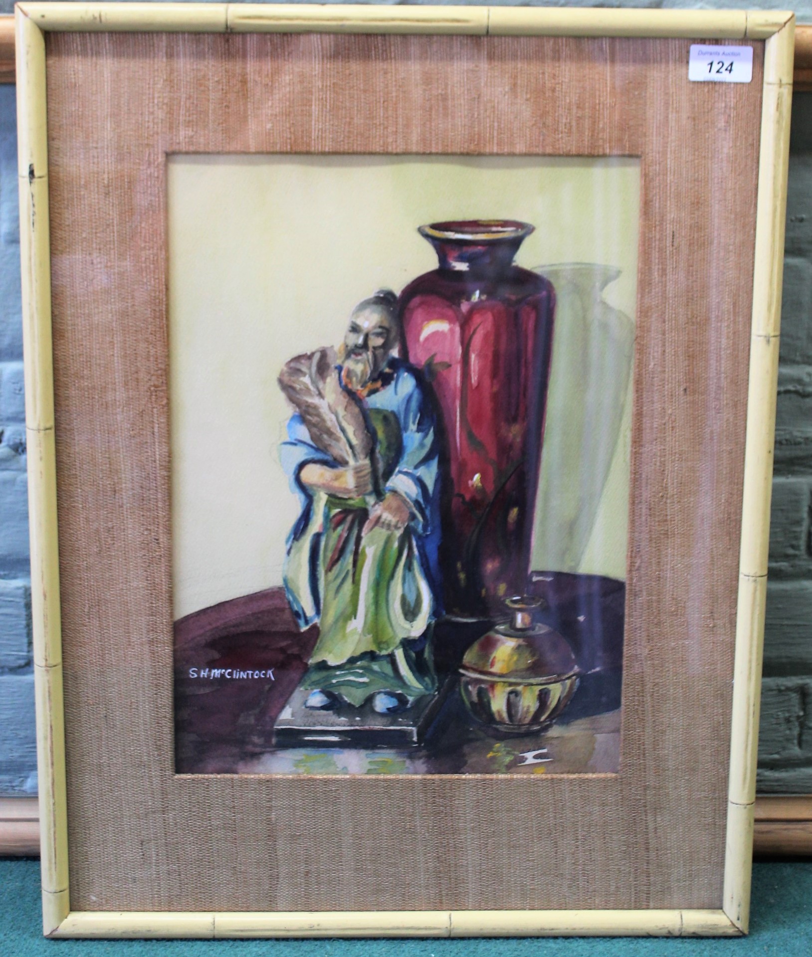 A watercolour of a Japanese figure and vase, SS McClintock,