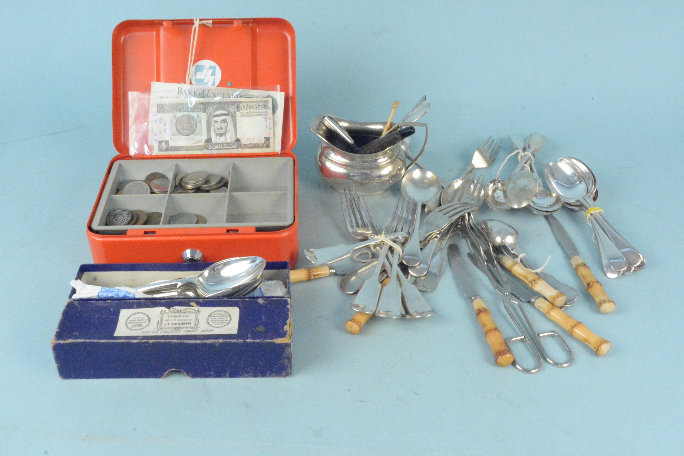 A quantity of silver plate (mostly cutlery), pens,