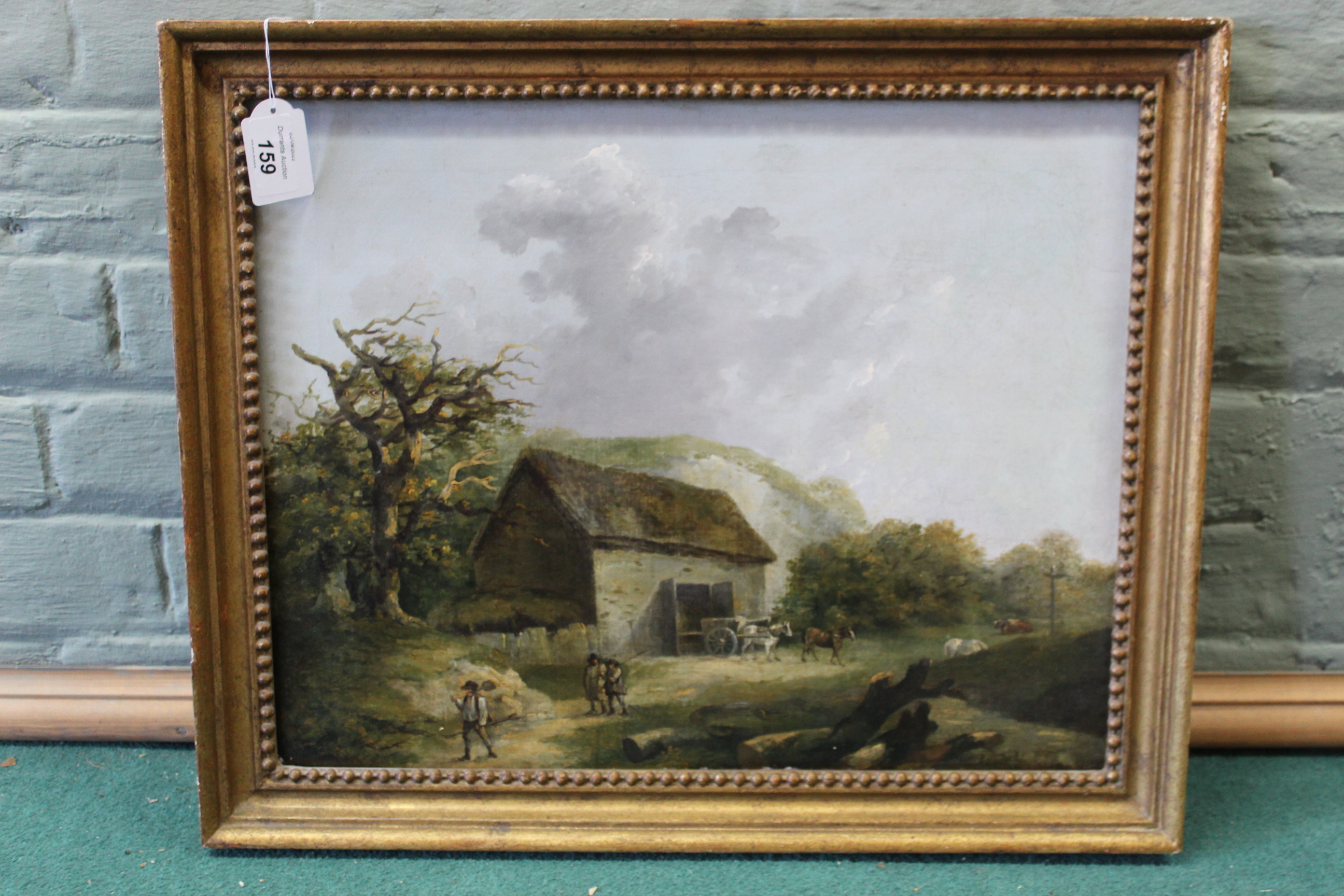 Possibly George Morland (1832-1863), an unsigned oil on canvas of a rural barn and figures scene,