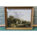 Possibly George Morland (1832-1863), an unsigned oil on canvas of a rural barn and figures scene,