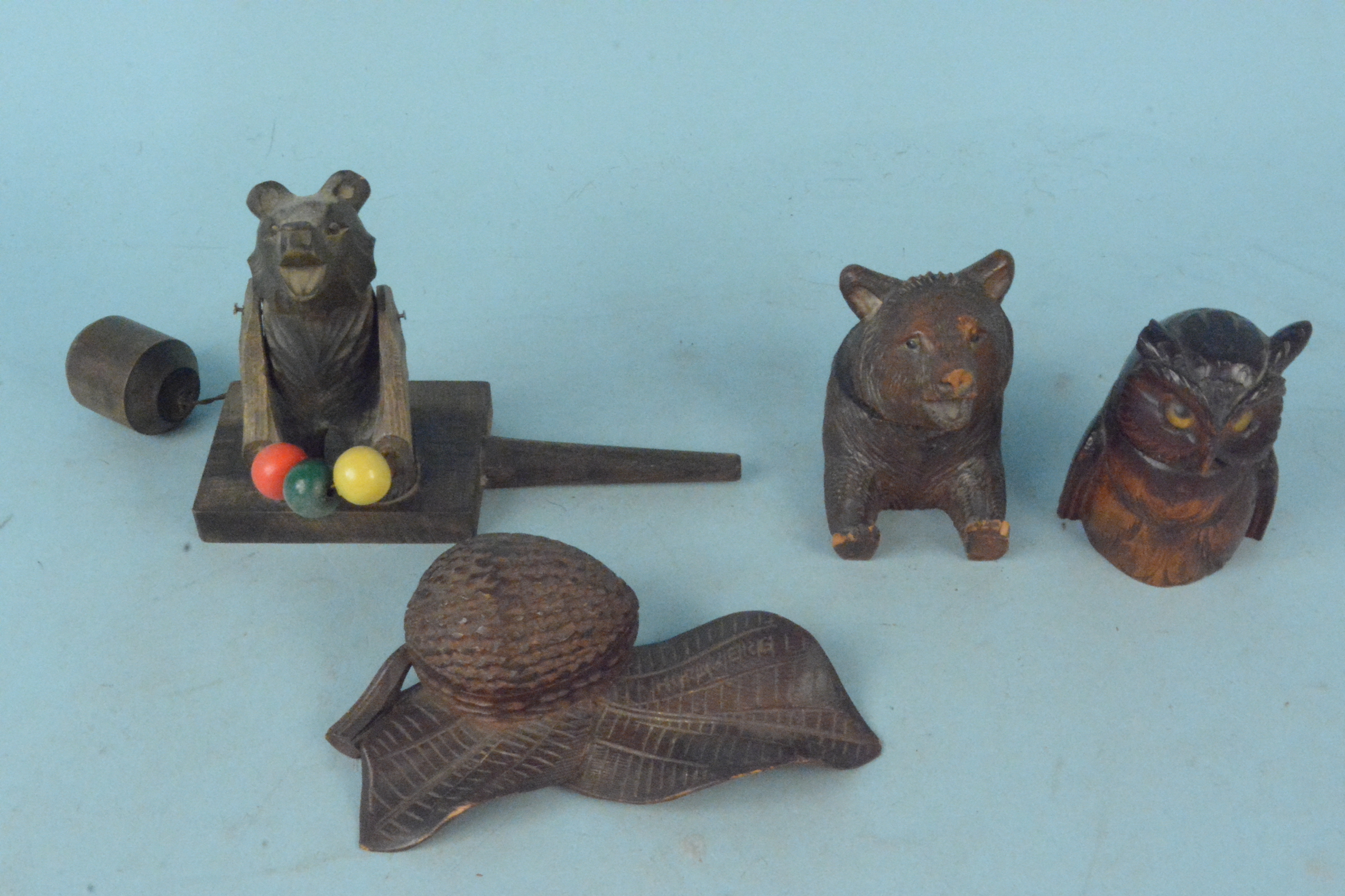 Five Black Forest carved wooden bears a carved owl inkwell and a wooden performing bear toy - Image 3 of 3