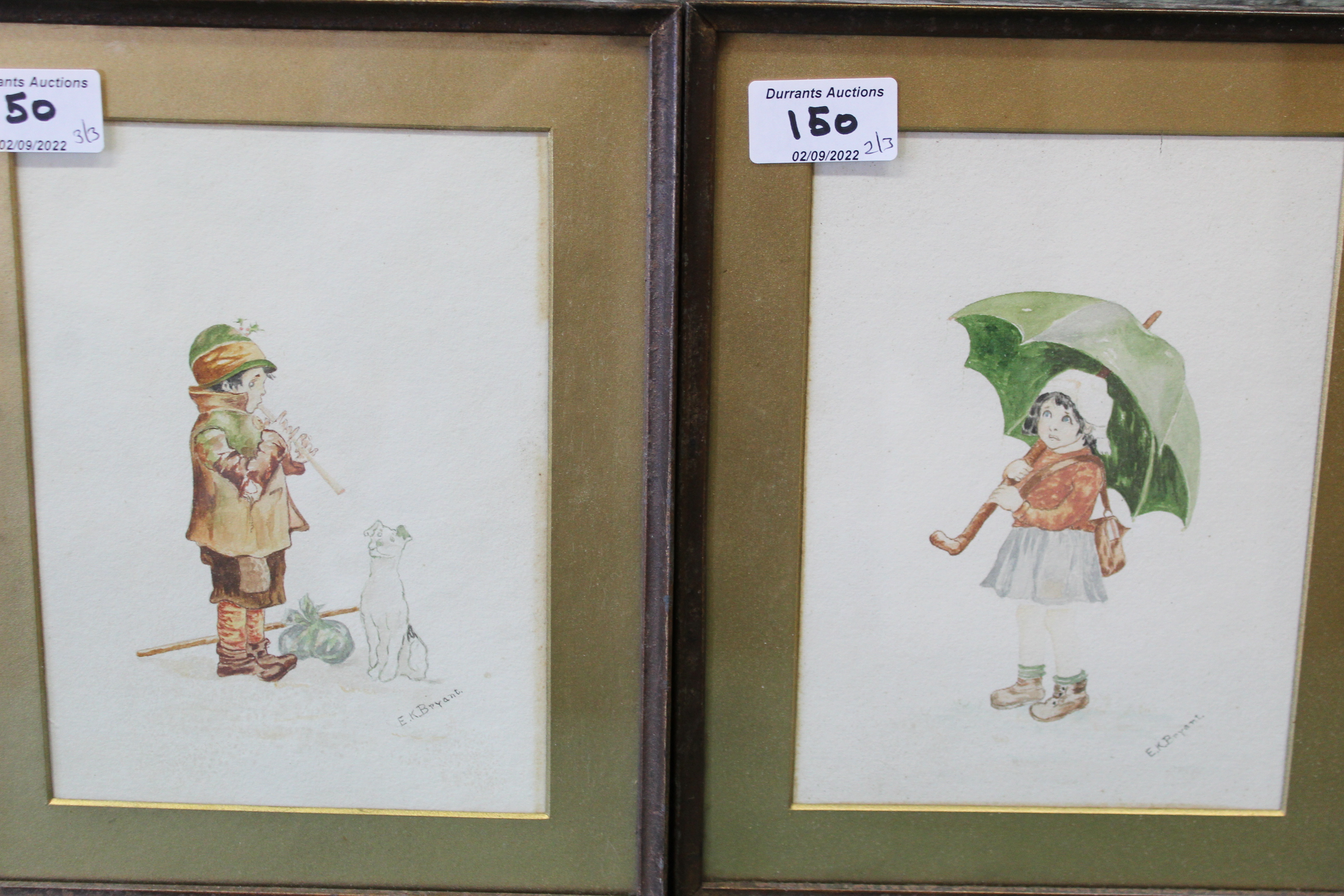 A pair of small framed watercolours of children, signed E K Bryant, 15. - Image 3 of 3