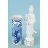 A 19th Century Chinese blue and white cylindrical vase (as found) plus a 20th Century Chinese blanc