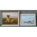 A framed oil on canvas of a lioness at rest signed 'Olive Hammond',