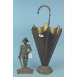 A solid brass antique Nelson figure doorstop, 33cm tall plus a brass umbrella shape stick and brolly