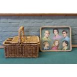 A 1977 commemorative Royal Family tray plus a wicker picnic basket with slots for wine bottles