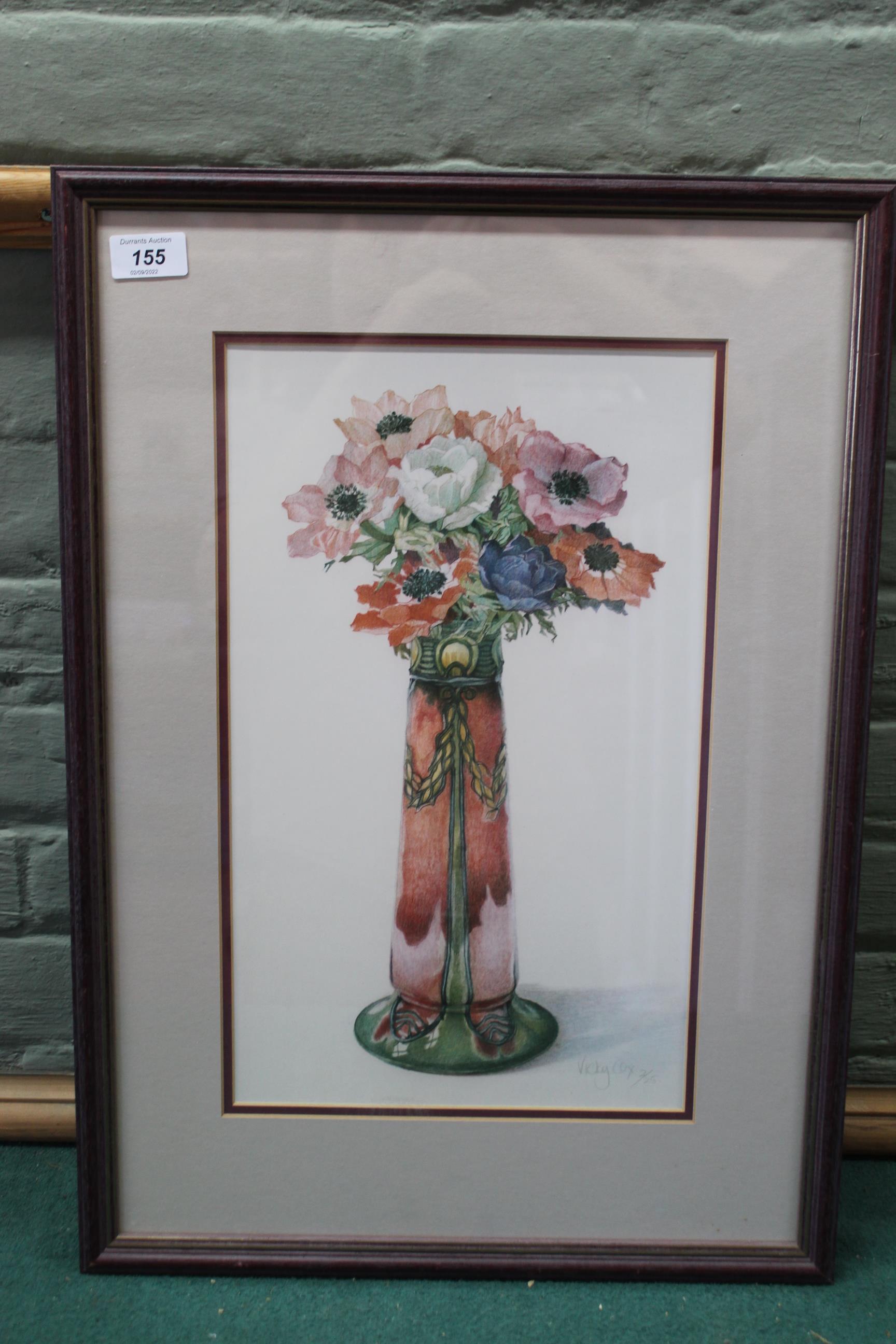 Vicky Cox, singed limited edition print 2/25 of a vase of flowers, 24.