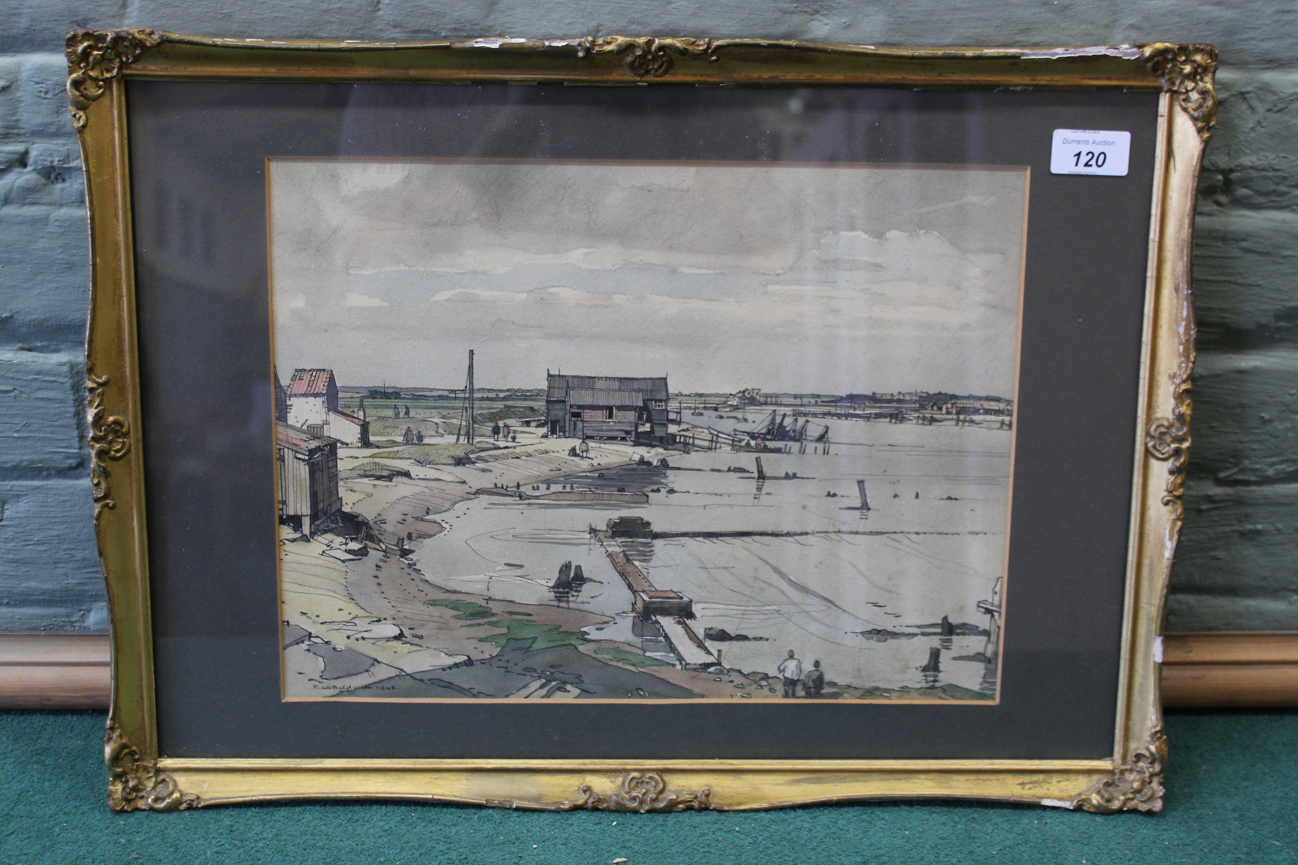 F W Baldwin, a pen and ink watercolour of Walberswick, approx 27.