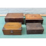 A mid 19th Century rosewood writing box plus two oak boxes and a stained pine box