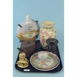 Mixed items including a Chinese bronze vase, a hand painted pottery moon flask,