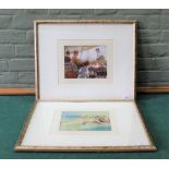 A pair of framed and glazed oils on card of figures at a flower stall and a beach scene with