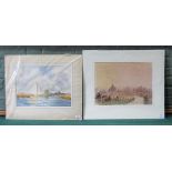 Two mounted and unframed watercolours "Misty morning on Carlton Marshes" and yachts on a Broadland