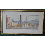 Lowestoft born artist David Smith 1920-1999, colourful watercolour of Lowestoft Jewsons factory,