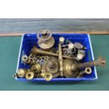 A box of assorted brass ware including lamps bases, candlesticks, trumpet, trivet,