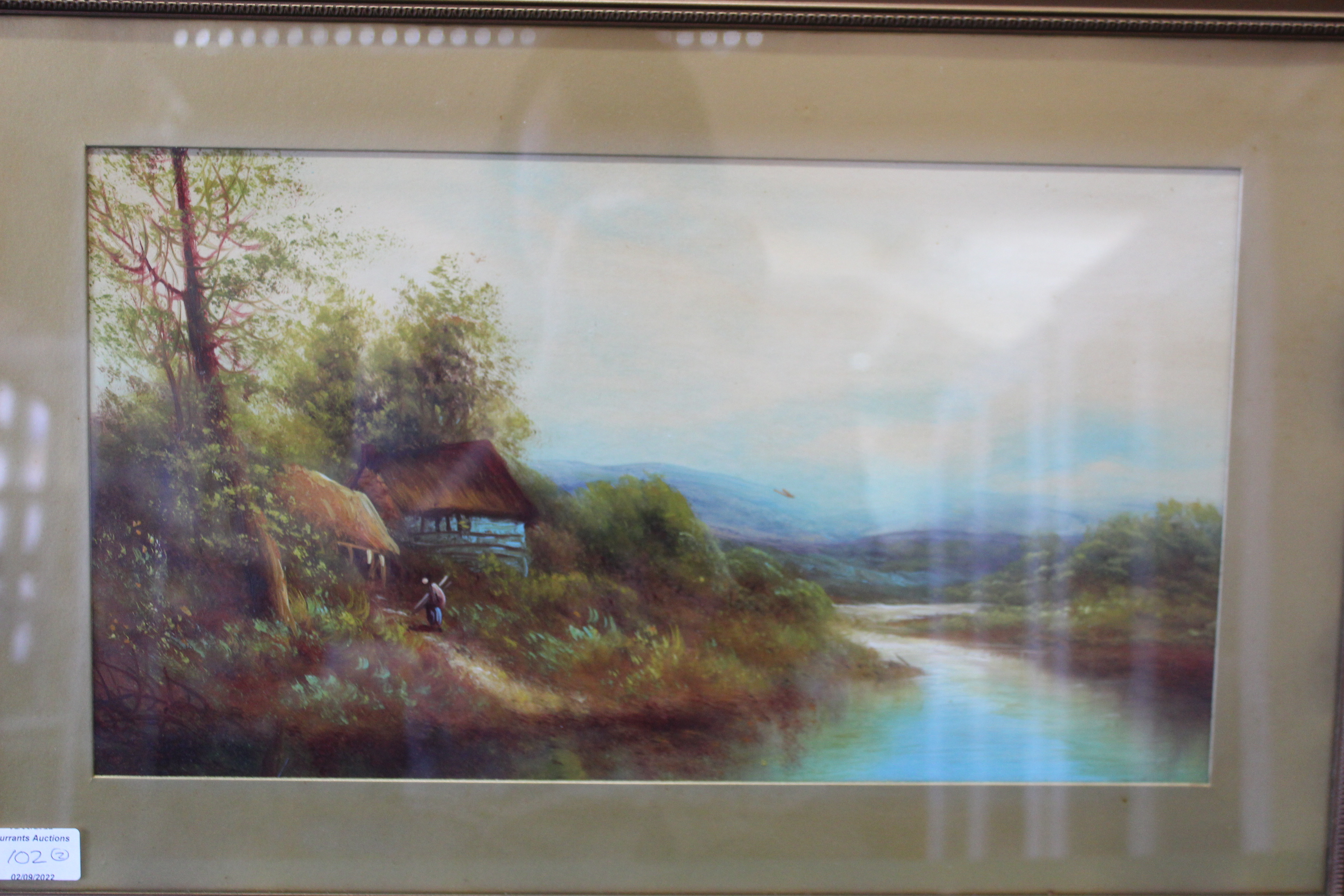 A pair of unsigned gilt framed watercolours of rural cottage scenes, - Image 2 of 3