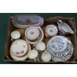 A box containing two part tea services and twenty nine pieces of Spode Red Newbury part tea wares