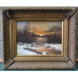 An oil on board of figures in a winter evening landscape in heavy ornate gilt frame,