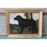 A framed oil portrait of black retriever with partridge in a landscape setting inscribed on frame