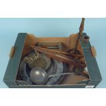 A mixed lot of items including three antique pewter dishes, Victorian brass letter box, pewter,