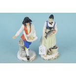 A pair of antique continental porcelain figures, a girl with a fish and a man with grain, 22.