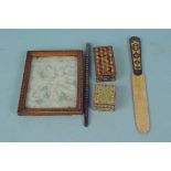Five small items of Tunbridge ware including a stamp box, another small box, paper knife,