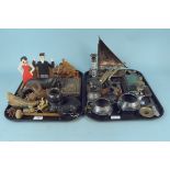 Assorted items including carved wooden trawlers, carved wooden animals, inlaid box, copper raft,