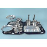 Mixed silver plated items including Scottish thistle cruet, two toast racks, candlesticks,