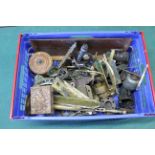 A box of mixed metal wares including brass letter boxes,