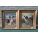 A pair of framed oils on canvas of a Beagle and a Pug in landscape settings,
