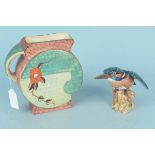 An Art Deco period hand painted jug, 18..5cm tall plus a Beswick kingfisher