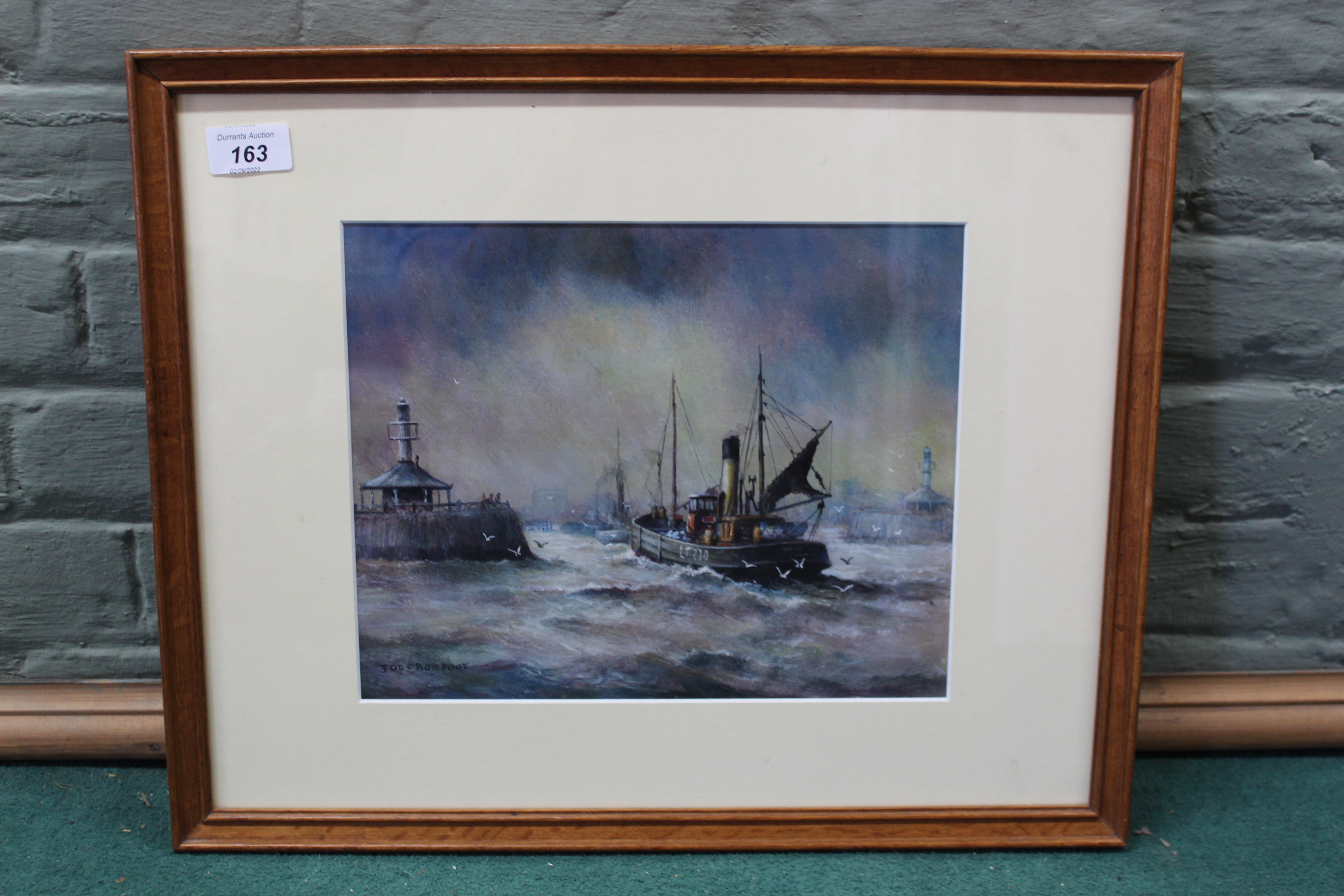 Joe Crowfoot (1946-2017), framed and glazed oil of a Lowestoft fishing smack LT230 entering harbour,