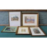 Five framed watercolours including a river scene with mountains in the background, York Minster,