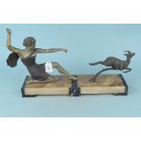 An Art Deco figure group Diana the Huntress, spelter figure on marble base, this marked 'Uriano',