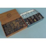 A cigar box of varied penny coins including Victorian plus a money box tin with about 90g of silver